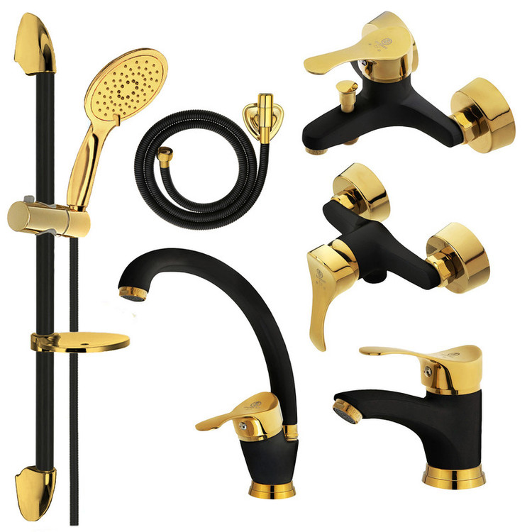 ست شیرآلات پرکاس مدل دیبا کد B-02 یونیکا مشکی طلایی مجموعه 6 عددی