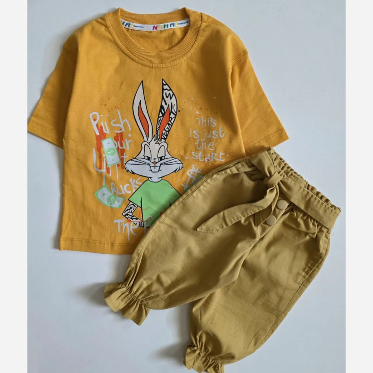 ست بلوز و شلوارک دخترانه طرح خرگوش مناسب 2 تا 9 سال جنس نخ پنبه و کتان