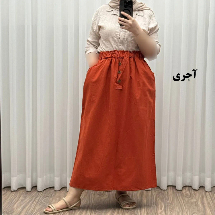 دامن لینن زنانه و دخترانه فری سایز مناسب تا سایز 48 قد 93 سانتیمتر