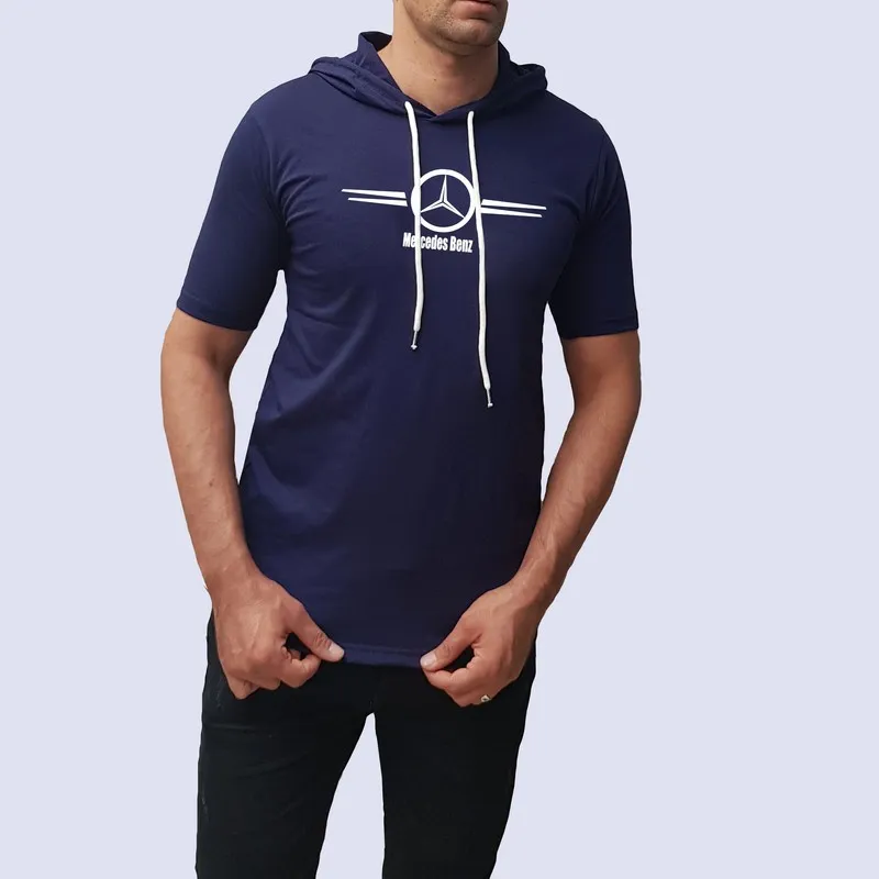 تیشرت کلاه دار مردانه سورمه ای طرح بنز آستین کوتاه نخی سایز L XL 2XL