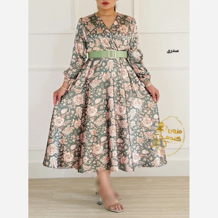 پیراهن مجلسی زنانه ساتن مدل دامن کلوش یقه چپ و راستی قد 135