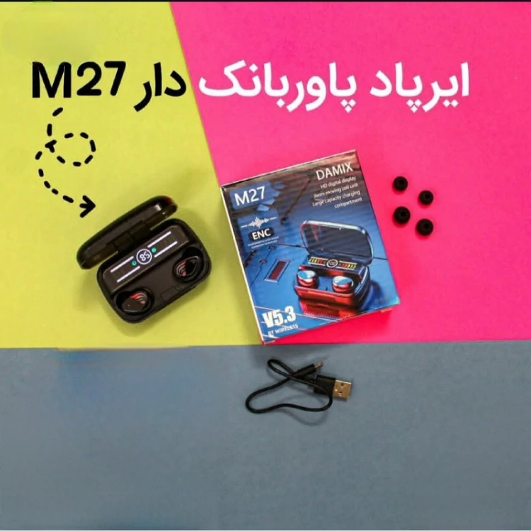 ایرپاد m27 پاوربانک دار کیفیت درجه یک بلوتوث نسخه 5/3 صحفه نمایش دار با کیفیت