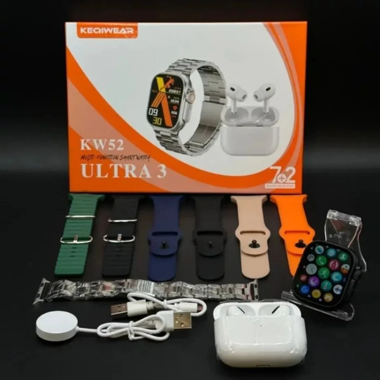 ساعت هوشمند KW52 ULTRA 3 هفت بند همراه با ایرپاد و بند فلزی ورژن 2025 تمام صحفه اورجینال ( کامل ترین پک ساعت