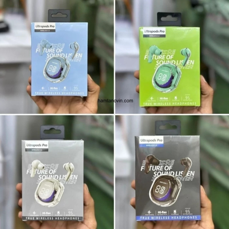 ایرپاد شیشه ای UILTRAPODS PRO نویز کنسلینگ دار ضد اب گیمینگ لمسی نمایشگر شارژ بلوتوث 5/3 ورژن 2026