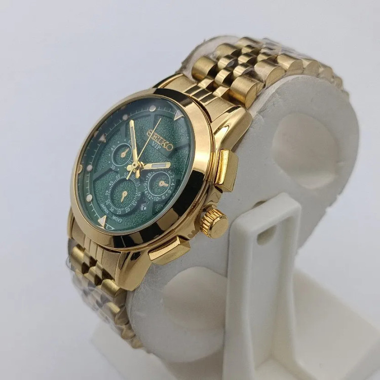 ساعت سیکو طلایی صفحه سبز طرح سه موتور 5748 تک زنانه