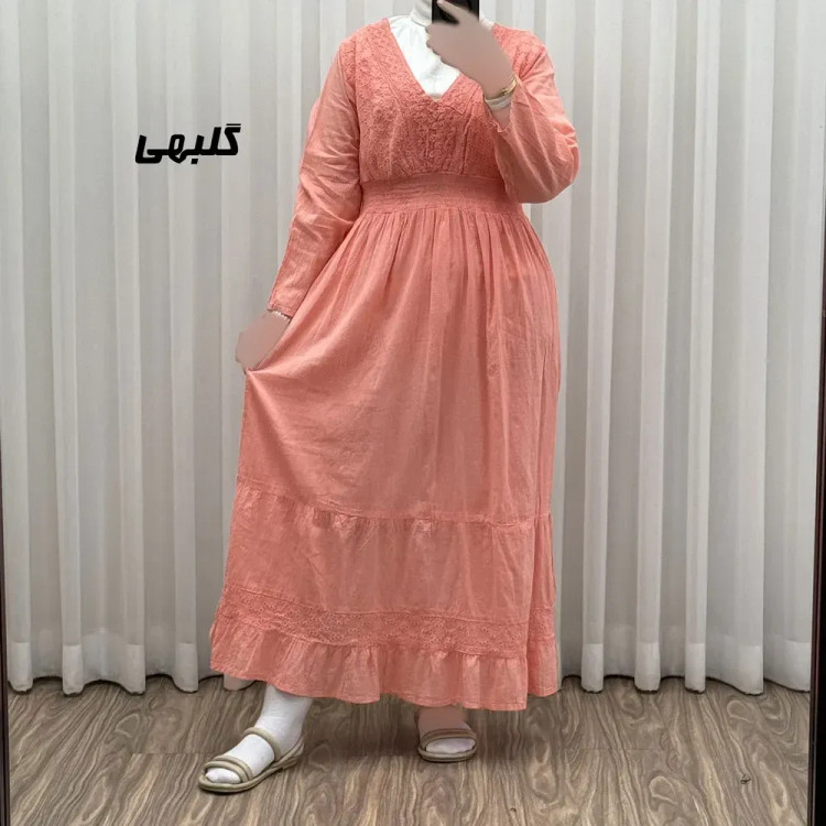 پیراهن ساحلی زنانه آستین بلند نخی تافته فری سایز مدل سلن دکمه دار آستردار