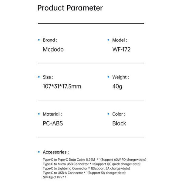 کابل تبدیل USB-C/USB به لایتنینگ/USB-C/MicroUSB مکدودو مدل WF-1720 طول 0.3 متر