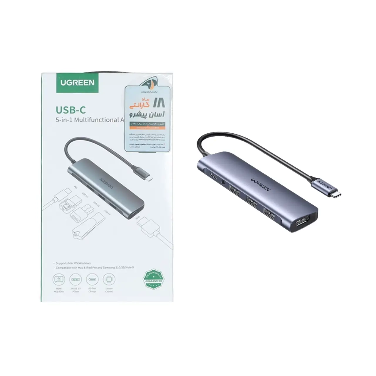 هاب 5 پورت Type-C و تبدیل UGREEN HDMI مدل CM136-50209 - خاکستری (گارانتی 18 ماهه آسان پیشرو)