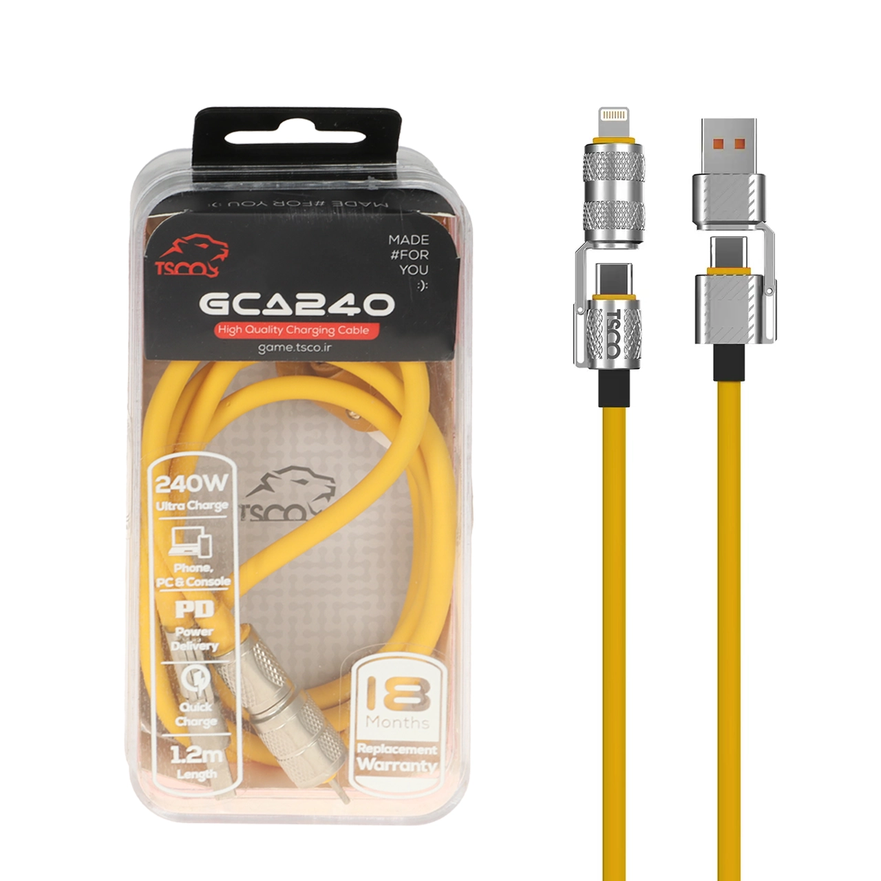 کابل شارژ PD و فست 240W چهارکاره ( گیمینگ ) 1.2 متری TSCO مدل GCA240 - زرد (گارانتی 18 ماهه تسکو)