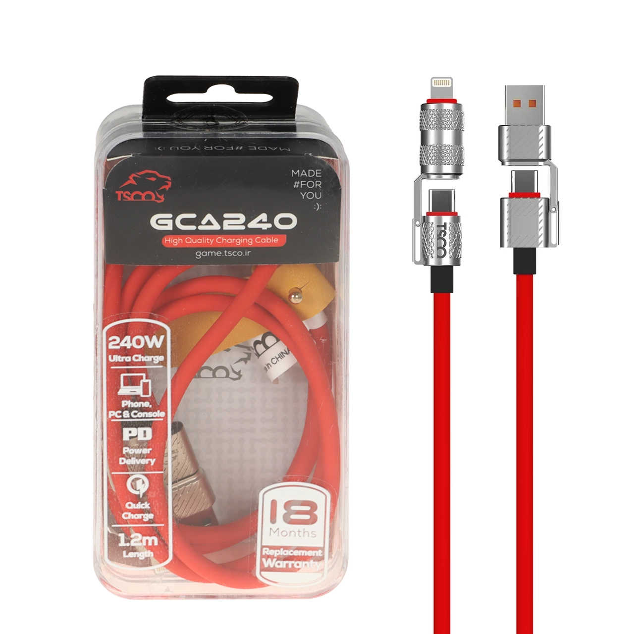 کابل شارژ PD و فست 240W چهارکاره ( گیمینگ ) 1.2 متری TSCO مدل GCA240 - قرمز (گارانتی 18 ماهه تسکو