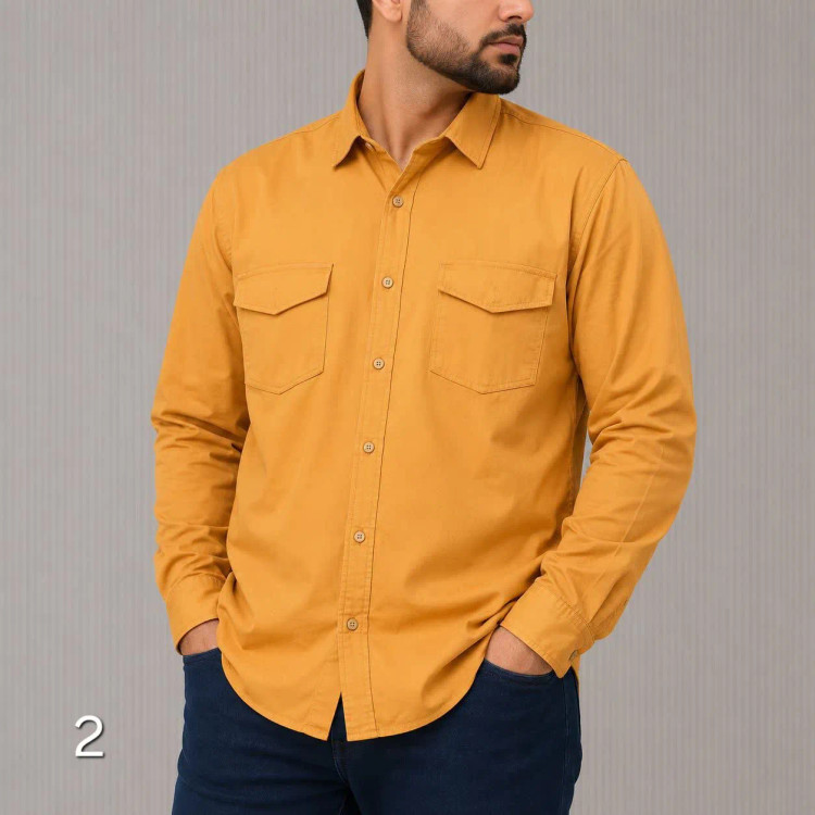 پیراهن کتان مردانه آستین بلند دو جیب قواره آزاد