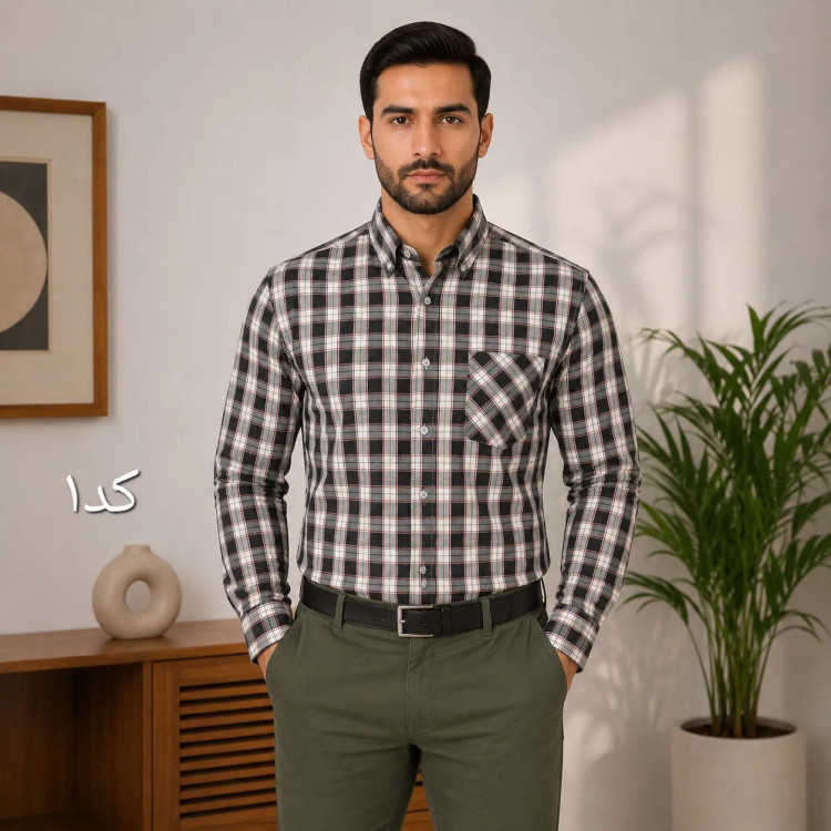 پیراهن آستین بلند مردانه چهارخانه تک جیب قواره بزرگ سایز لارج تا دو ایکس لارج