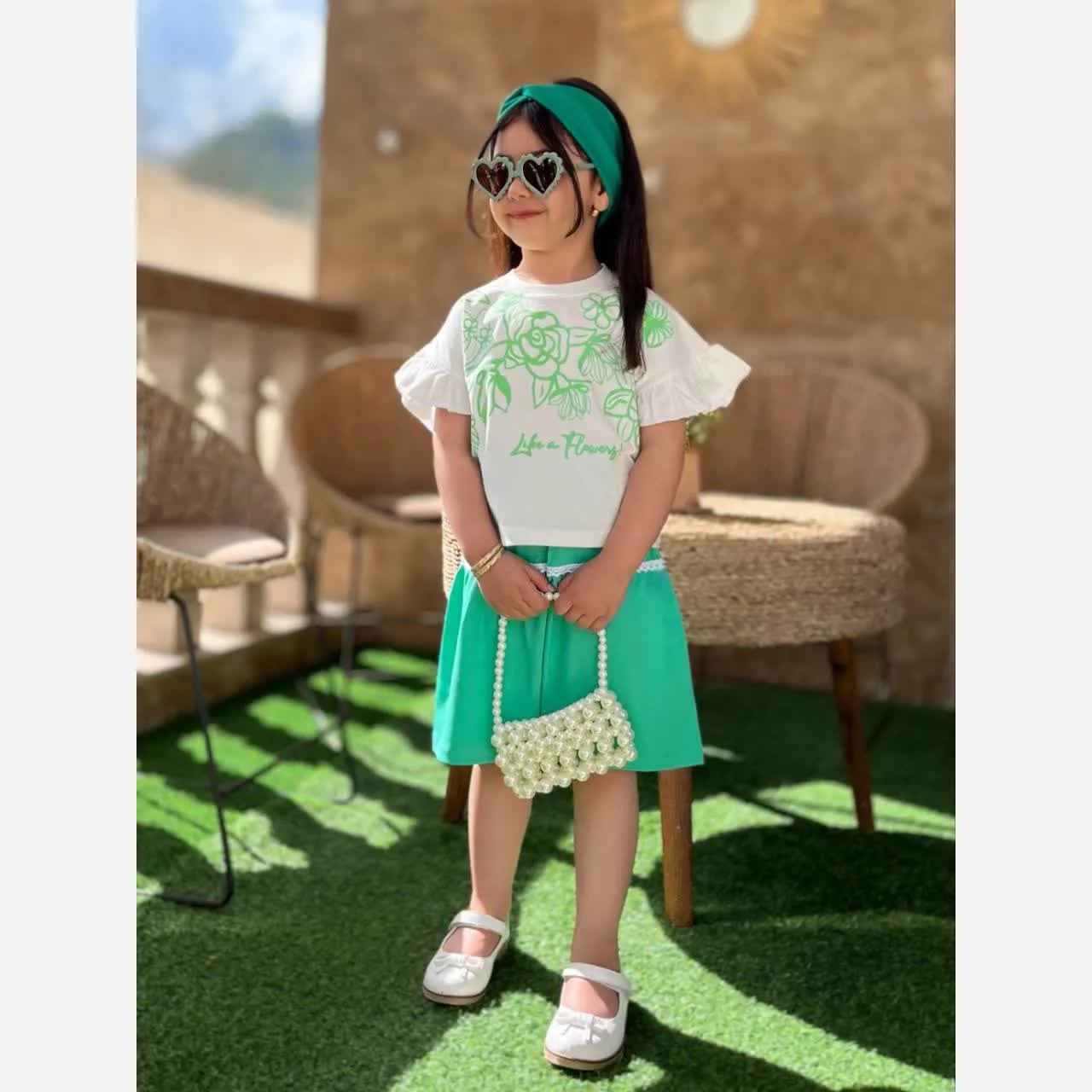 ست کراپ و شلوارک دخترانه طرح گل نخی جنس یک رو پنبه