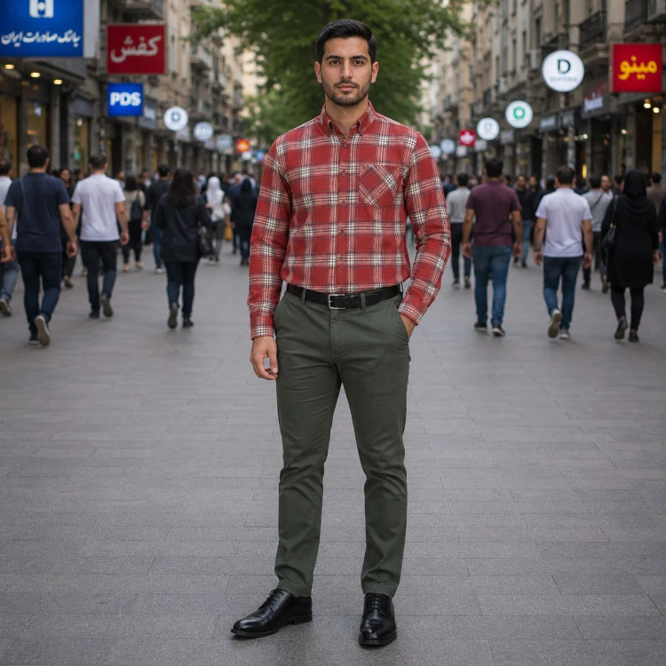 پیراهن آستین بلند مردانه نخی چهارخانه قواره آزاد (2)