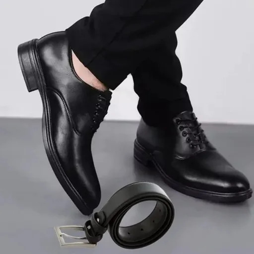 ست کفش مردانه مدل رویال و کمربند چرم صنعتی مشکی (2)