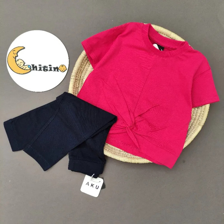 تیشرت کراپ گره ای آکو برای کودکان 2 تا 9 سال در رنگهای سرخابی و کرم (2)