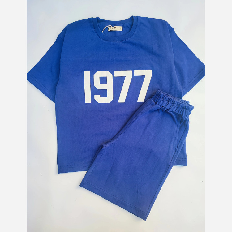 ست تیشرت و شلوارک اسپرت پسرانه و دخترانه طرح 1977 رنگ سرمه ای سایز 55 تا 75 (2)