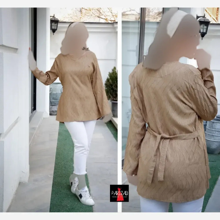 تونیک بهاره نخی طرح موجی کمربندی زنانه سایز 40 تا 46 (3)