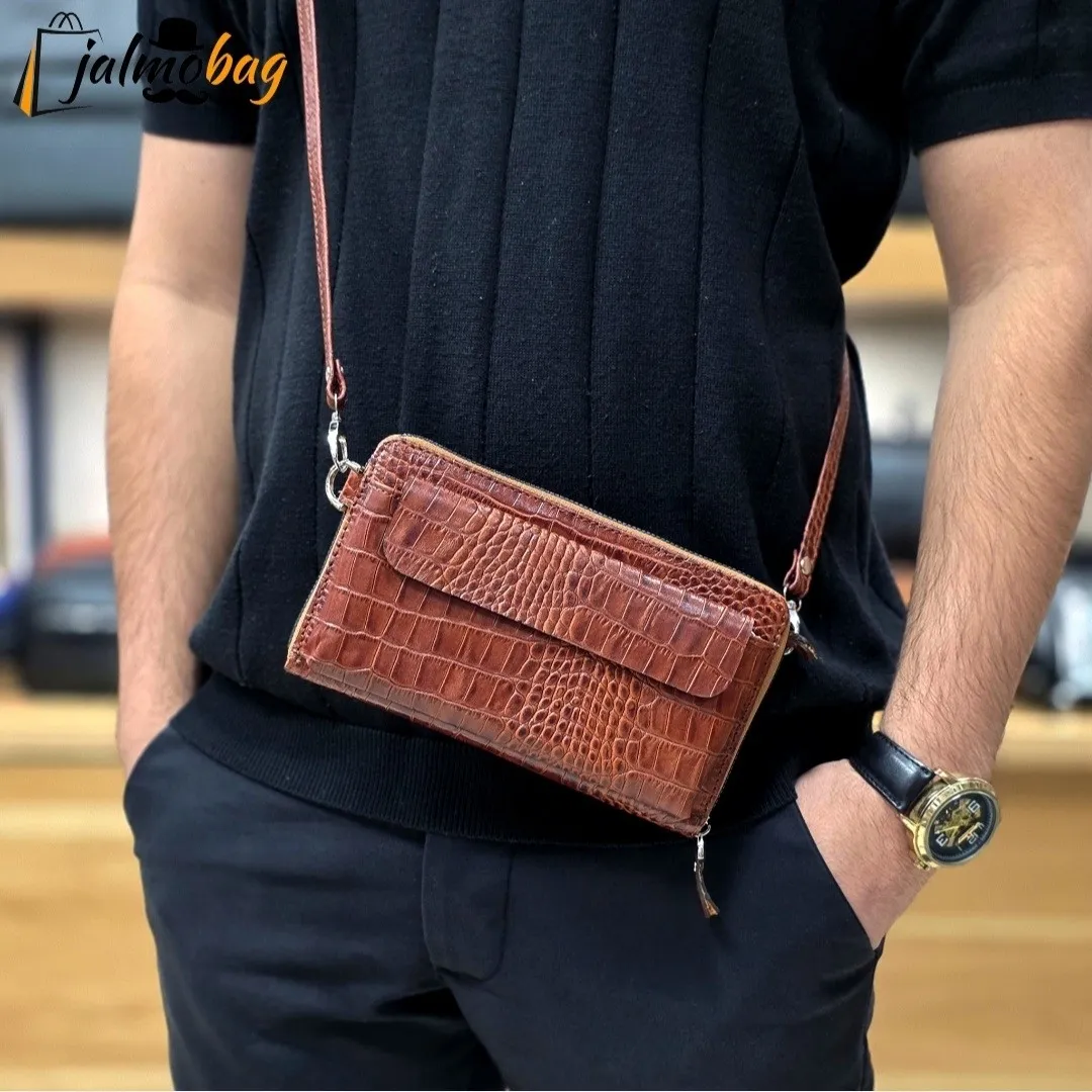 کیف دستی و دوشی چرم طبیعی ظفر دارای بند مچی و بند بلند قابل تنظیم (2)