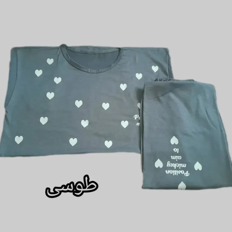ست تیشرت و شلوار زنانه راحتی طرح قلب جنس نخ ویسکوز فول کش سایز 38 تا 48 (2)