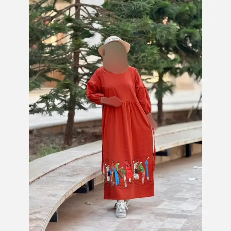 پیراهن لینن طرح سرخپوستی فری سایز مدل بلند (2)
