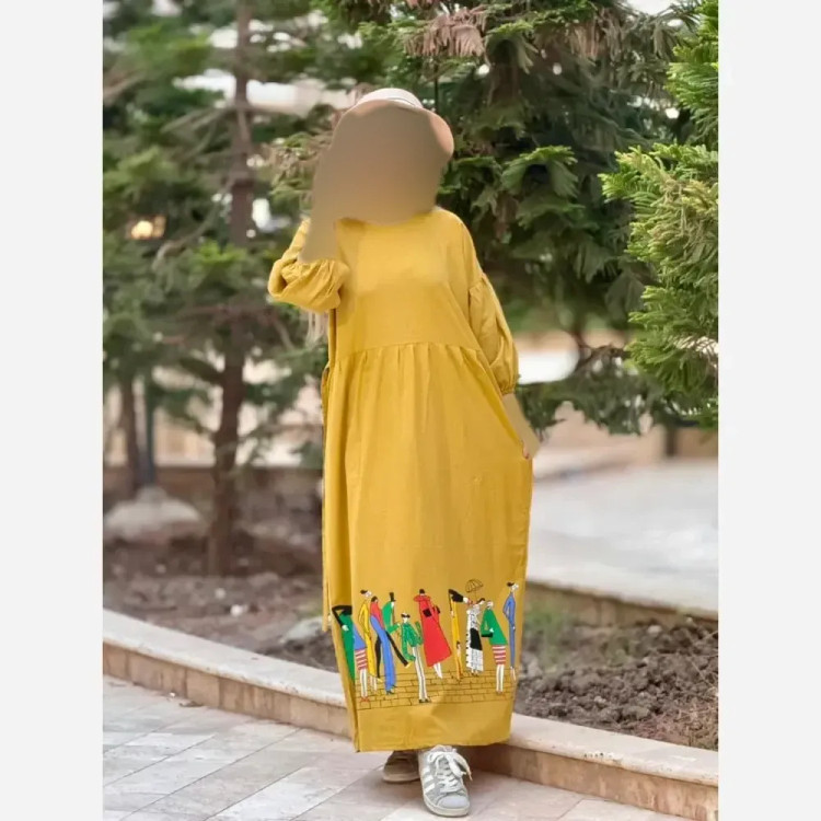 پیراهن لینن طرح سرخپوستی فری سایز مدل بلند (2)