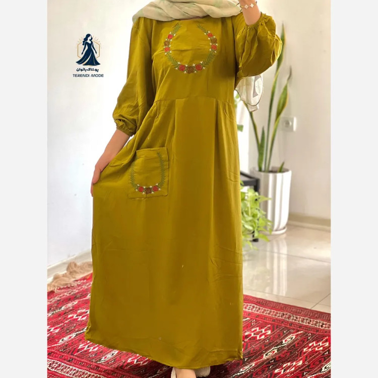 ساحلی گلدوزی تک جیب زنانه جنس نخ ململ رنگ زیتون خنک تابستانه (2)