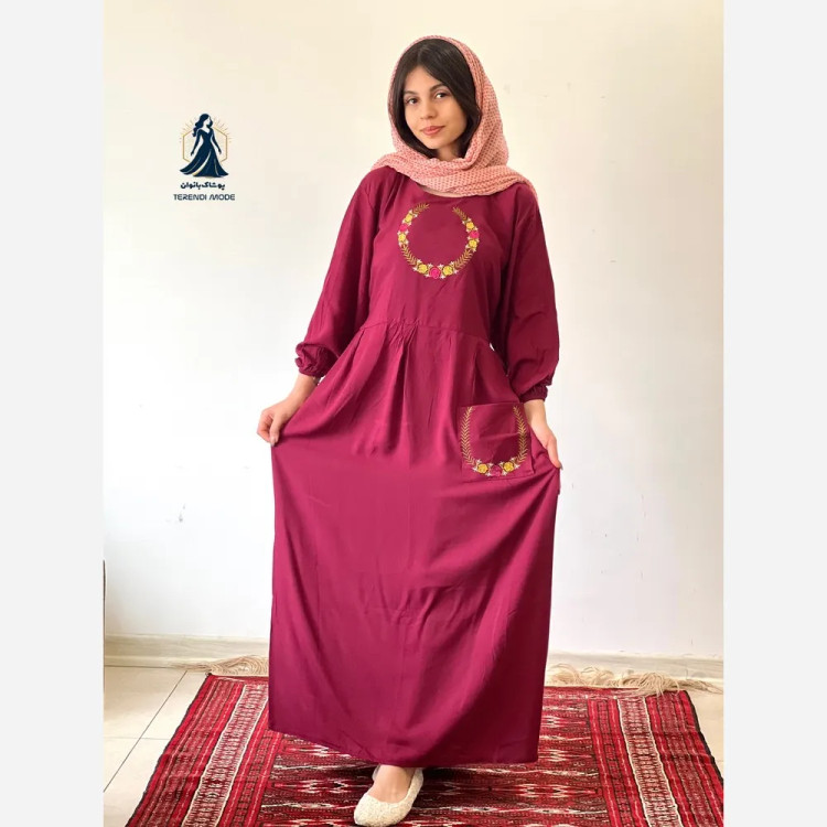ساحلی گلدوزی تک جیب زنانه جنس نخ ململ رنگ زیتون خنک تابستانه (2)