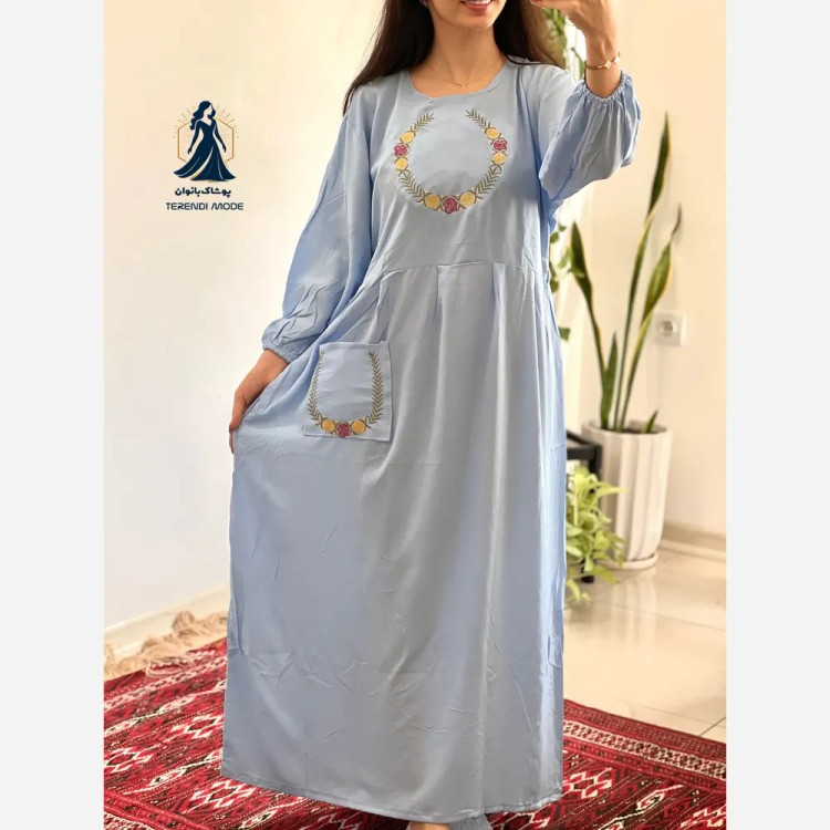 ساحلی گلدوزی تک جیب زنانه جنس نخ ململ رنگ زیتون خنک تابستانه (2)