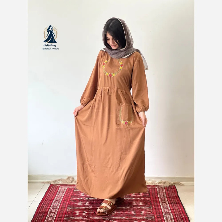 ساحلی گلدوزی تک جیب زنانه جنس نخ ململ رنگ زیتون خنک تابستانه (2)