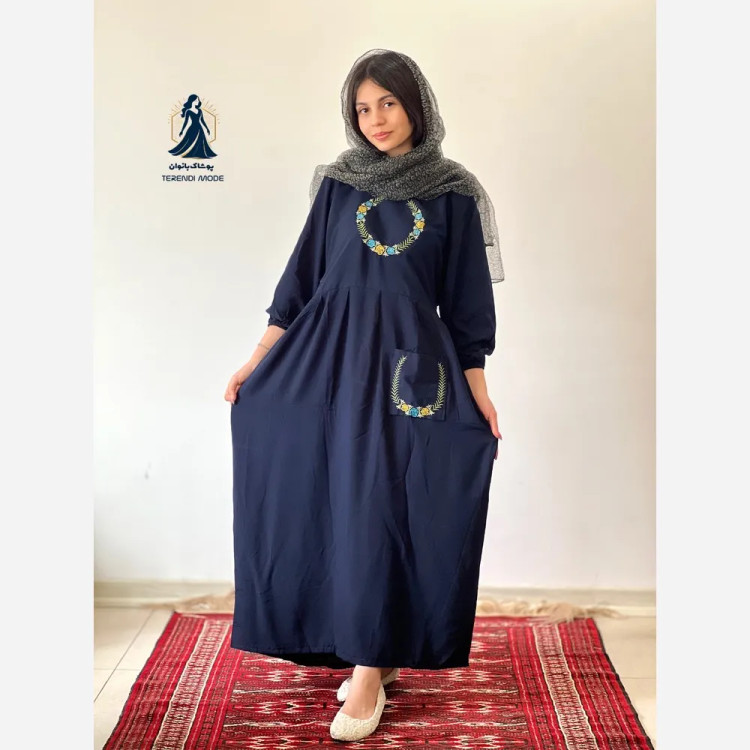 ساحلی گلدوزی تک جیب زنانه جنس نخ ململ رنگ زیتون خنک تابستانه (2)