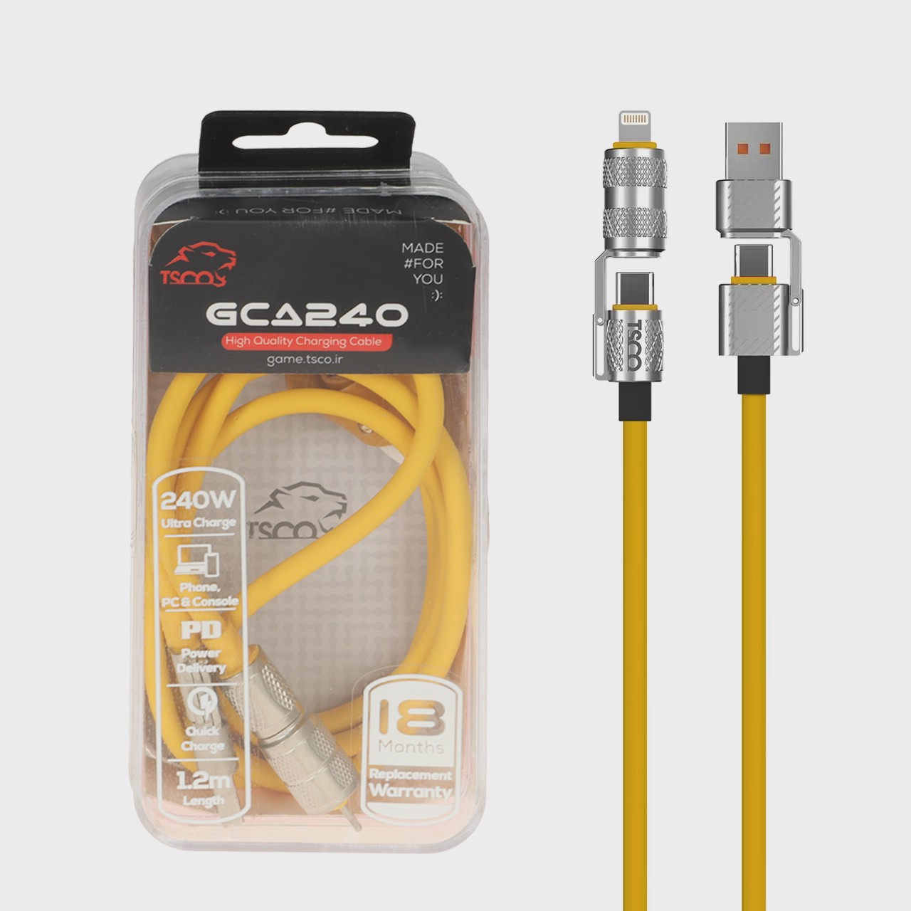 کابل شارژ PD و فست 240W چهارکاره ( گیمینگ ) 1.2 متری TSCO مدل GCA240 - زرد (گارانتی 18 ماهه تسکو)