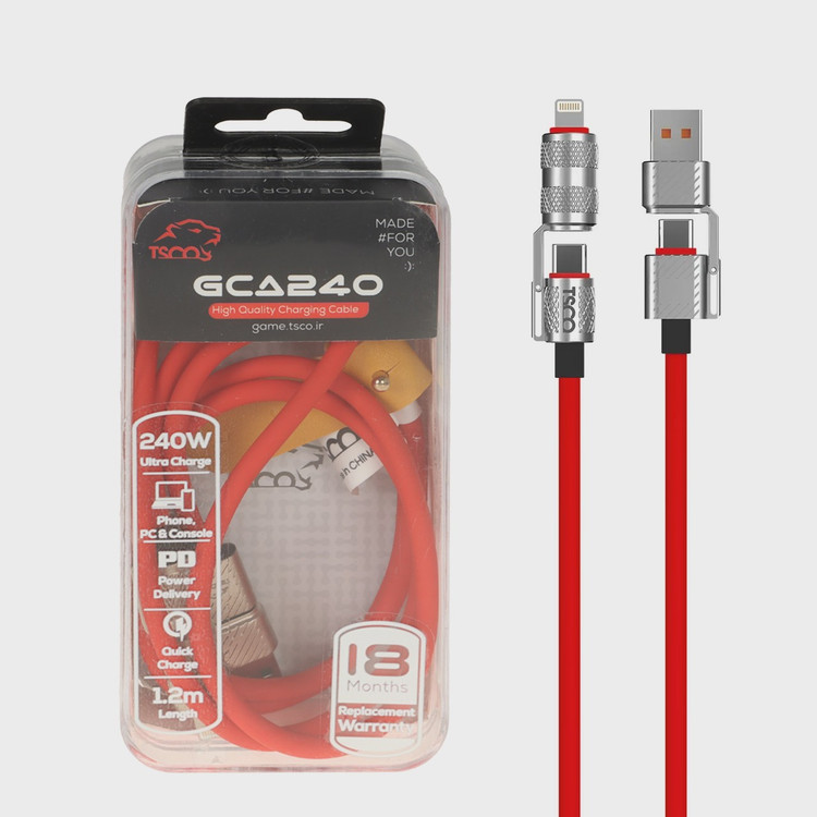 کابل شارژ PD و فست 240W چهارکاره ( گیمینگ ) 1.2 متری TSCO مدل GCA240 - قرمز (گارانتی 18 ماهه تسکو