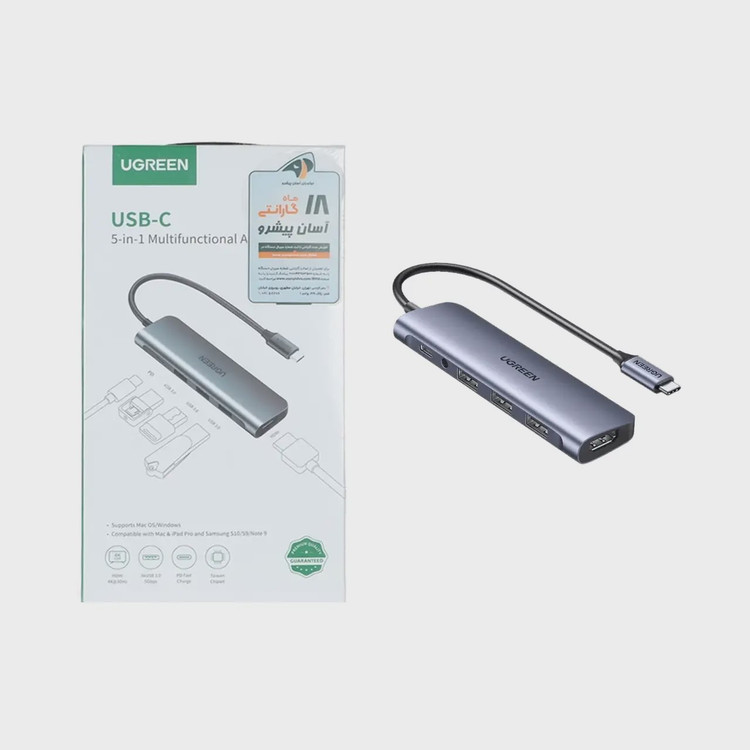 هاب 5 پورت Type-C و تبدیل UGREEN HDMI مدل CM136-50209 - خاکستری (گارانتی 18 ماهه آسان پیشرو)