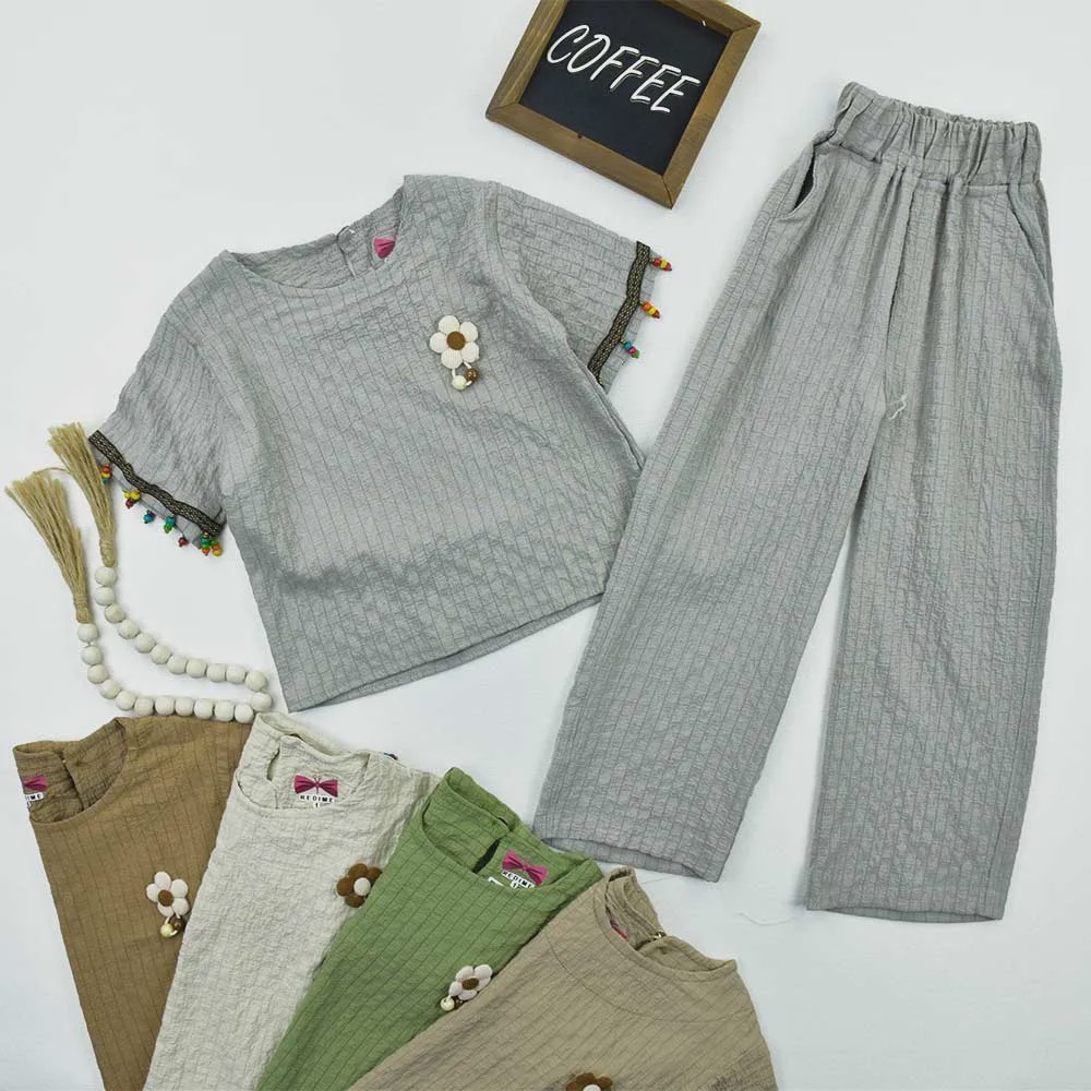 ست شومیز و شلوار دخترانه پارچه شانتون طرحدار بهاره و تابستانه