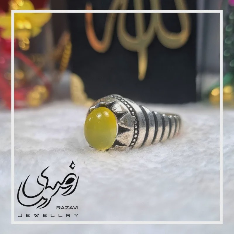 انگشتر نقره مردانه طرح شیر و خورشید با نگین شرف الشمس