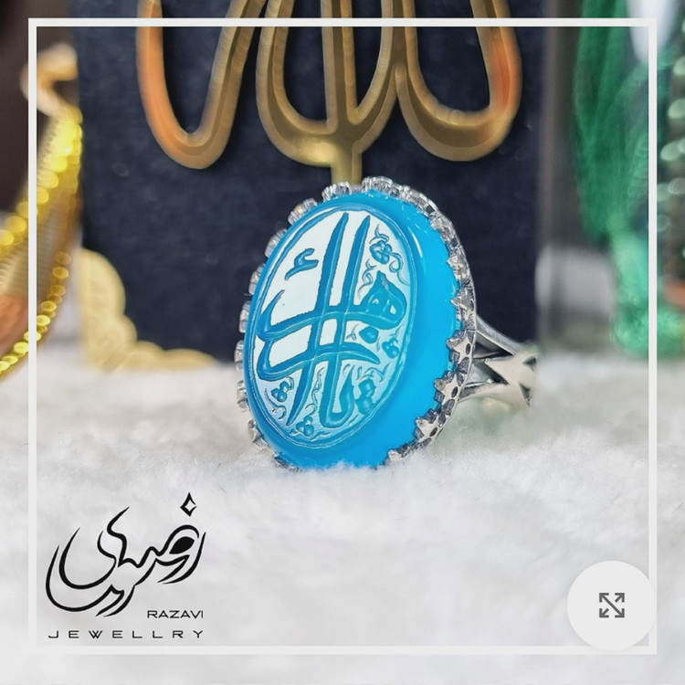 انگشتر مردانه نقره روس با نگین عقیق آبی و حکاکی دست استاد فتح
