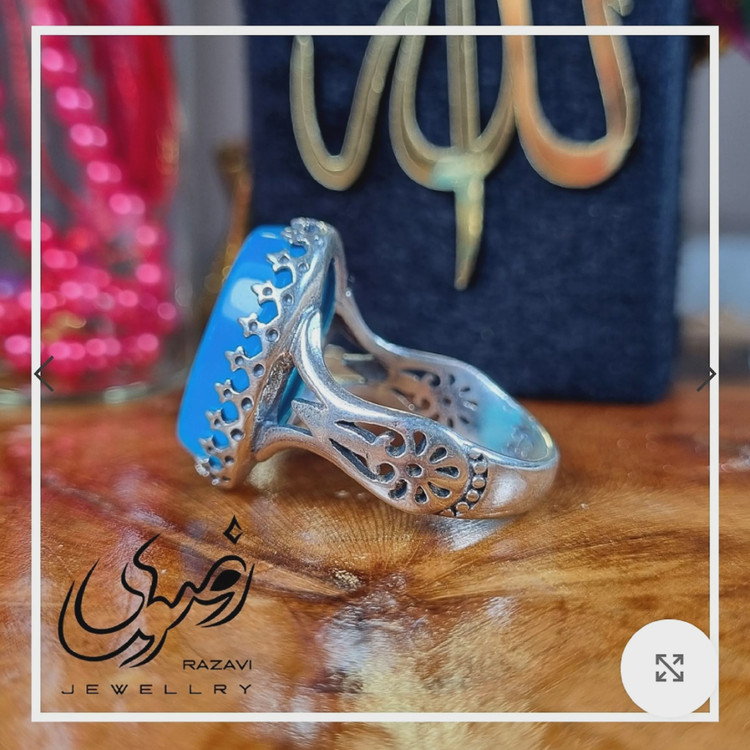 انگشتر مردانه نقره روس با نگین عقیق آبی و حکاکی دست استاد فتح