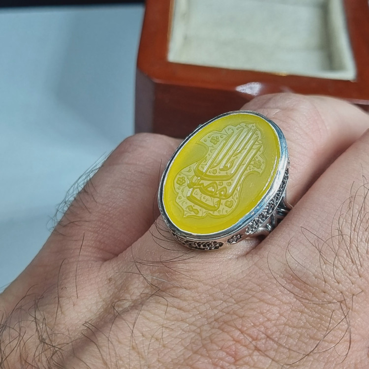 انگشتر نقره مردانه عقیق زرد حکاکی یا اباالفضل دستساز عیار 925