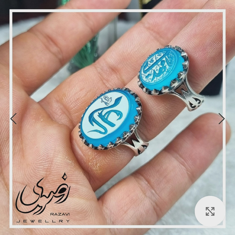 ست انگشتر مردانه و زنانه نقره روس با سنگ عقیق آبی و حکاکی دست استاد فتح