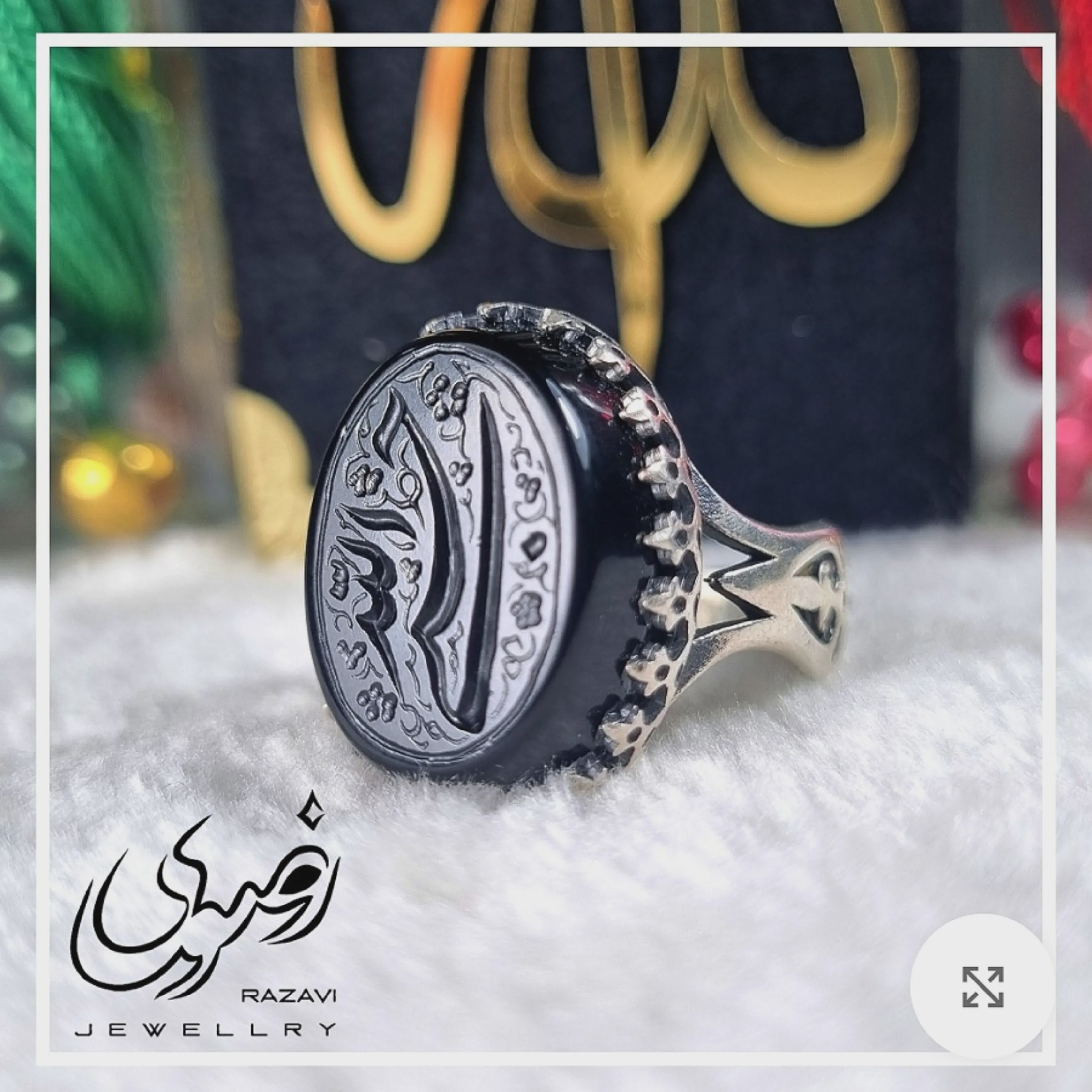 انگشتر مردانه عقیق مشکی با حکاکی دست استاد فتح و رکاب آلیاژ نقره روس