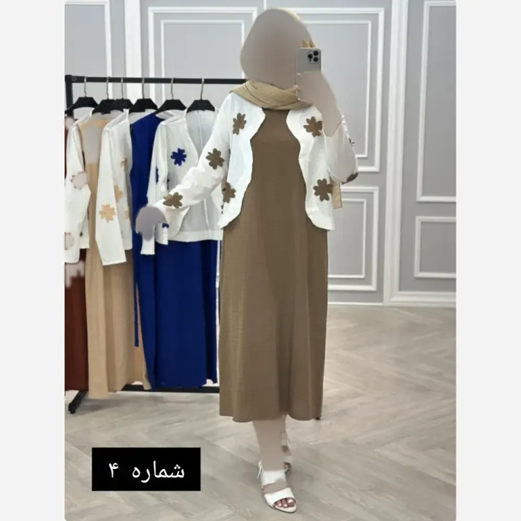 ست کت و سارافون زنانه طرح برگی برجسته پارچه کرپ تنفسی مناسب بهار و تابستان ضد چروک (2)