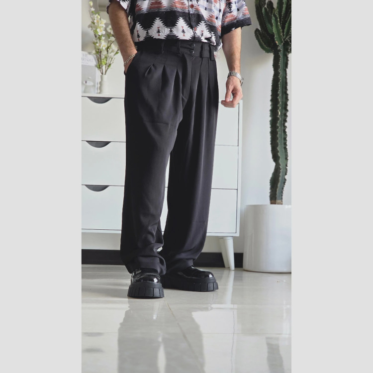 شلوار بگ پارچه ای زنانه مدل پیله دار جنس کاترین رنگ مشکی سایز L تا 3XL