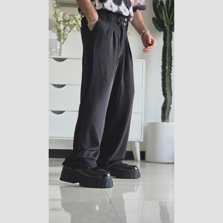 شلوار بگ پارچه ای زنانه مدل پیله دار جنس کاترین رنگ مشکی سایز L تا 3XL