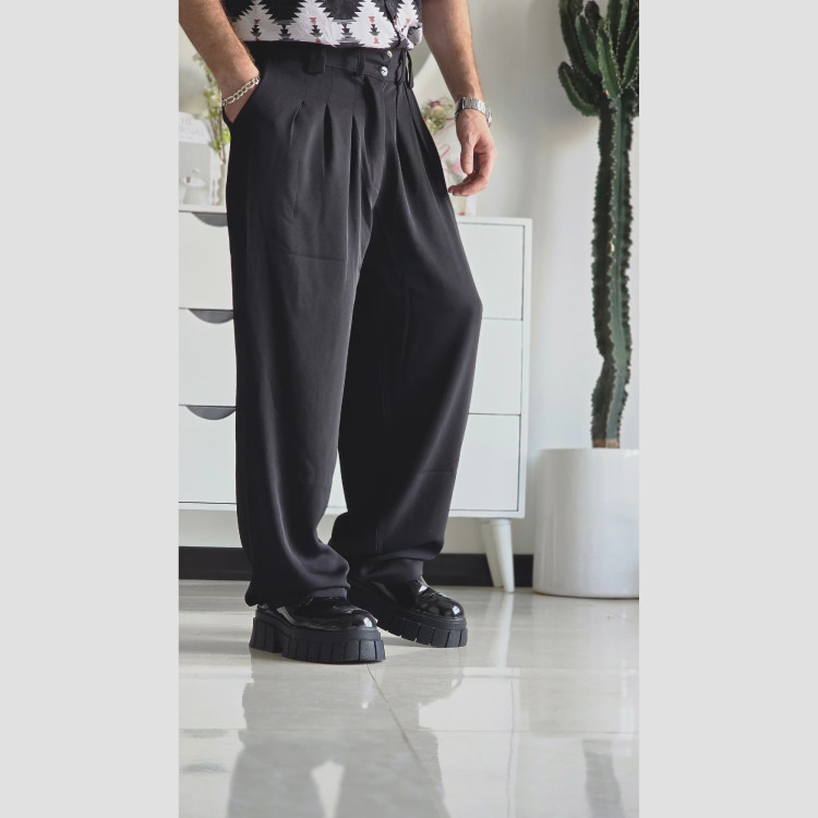 شلوار بگ پارچه ای زنانه مدل پیله دار جنس کاترین رنگ مشکی سایز L تا 3XL