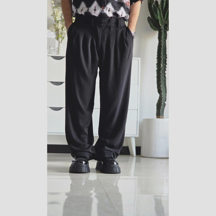 شلوار بگ پارچه ای زنانه مدل پیله دار جنس کاترین رنگ مشکی سایز L تا 3XL