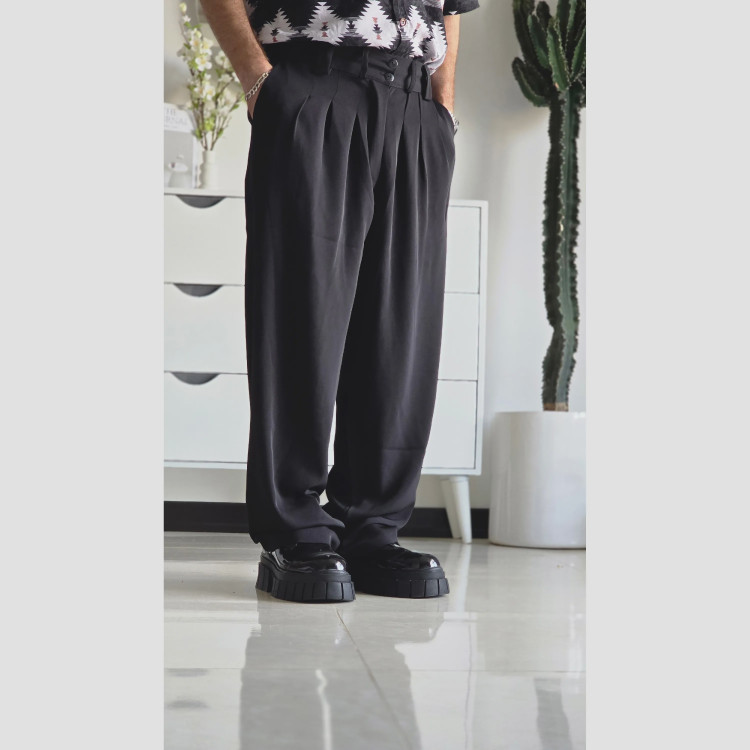 شلوار بگ پارچه ای زنانه مدل پیله دار جنس کاترین رنگ مشکی سایز L تا 3XL