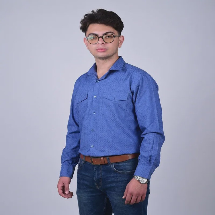 پیراهن مردانه آستین بلند تترون دو جیب مدل بافت خاویاری چهارخانه رگولار فیت