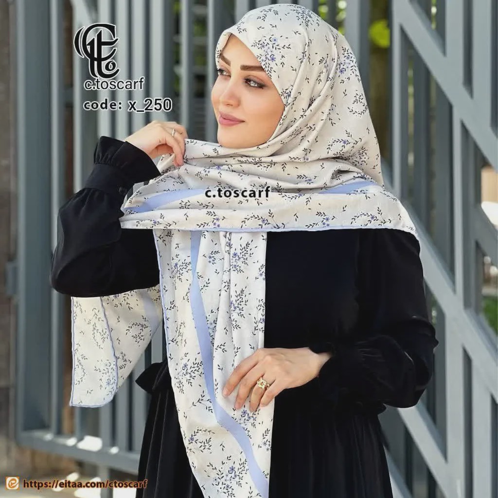 روسری نخ کاستوم طرح گندم قواره بزرگ 140 سانتیمتر زمینه کرم