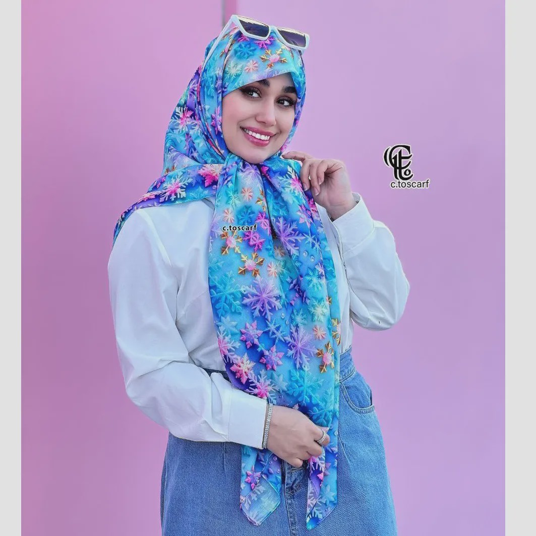 روسری نخی طرح بارلین قواره 140 زنانه آبی پاستیلی